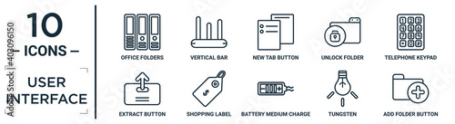 user.interface linear icon set. includes thin line office folders, new tab button, telephone keypad, shopping label, tungsten, add folder button, extract button icons for report, presentation,