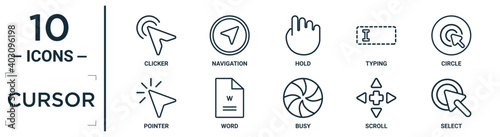 cursor linear icon set. includes thin line clicker, hold, circle, word, scroll, select, pointer icons for report, presentation, diagram, web design