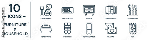 furniture.&.household linear icon set. includes thin line livingroom, cenza, silverware, drawers, pillows, rug, headboard icons for report, presentation, diagram, web design