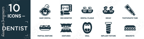filled dentist icon set. contain flat baby dental, ekg monitor, dental plaque, decay, toothpaste tube, partial denture, dentures, oral, implant fixture, brackets icons in editable format..