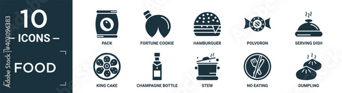 filled food icon set. contain flat pack, fortune cookie, hamburguer, polvoron, serving dish, king cake, champagne bottle, stew, no eating, dumpling icons in editable format..