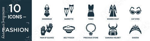 filled fashion icon set. contain flat swimwear, barrette, tunic, women coat, cat eyes, pair of gloves, belt pouch, precious stone, samurai helmet, diadem icons in editable format..