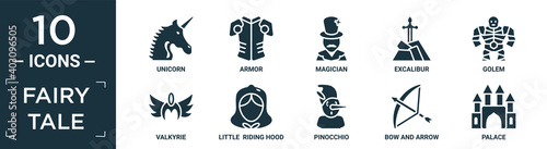 filled fairy tale icon set. contain flat unicorn, armor, magician, excalibur, golem, valkyrie, little riding hood, pinocchio, bow and arrow, palace icons in editable format..
