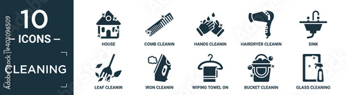 filled cleaning icon set. contain flat house, comb cleanin, hands cleanin, hairdryer cleanin, sink, leaf iron wiping towel on a hanger, bucket glass cleaning icons in editable format..