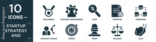 filled startup strategy and icon set. contain flat gold medal, strategy management, rate, approval, franchise, strategy choice, target, pawn, balance, clap icons in editable format..