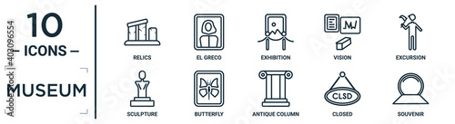 museum linear icon set. includes thin line relics, exhibition, excursion, butterfly, closed, souvenir, sculpture icons for report, presentation, diagram, web design