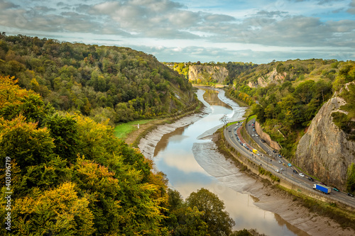 The view down the Avon Gorge from Clifton towards the Bristol Estuary on a bright Autumn afternoon