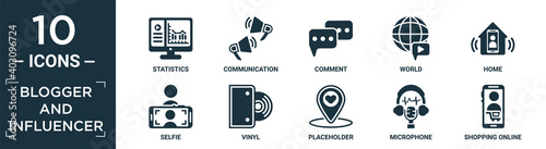 filled blogger and influencer icon set. contain flat statistics, communication, comment, world, home, selfie, vinyl, placeholder, microphone, shopping online icons in editable format..