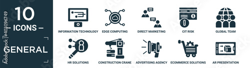 filled general icon set. contain flat information technology, edge computing, direct marketing, cit risk, global team, hr solutions, construction crane, advertising agency, ecommerce solutions, ar.