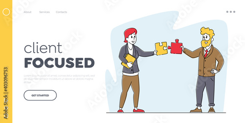Teamwork Cooperation, Collective Work, Partnership Landing Page Template. Office Characters Setting Up Puzzle Pieces