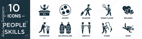 filled people skills icon set. contain flat dj, shapes, traveler, tennis player, wellness, carpenter, big binoculars, empathy, fisher, diver icons in editable format..