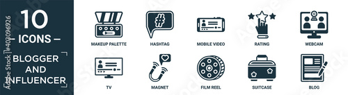 filled blogger and influencer icon set. contain flat makeup palette, hashtag, mobile video, rating, webcam, tv, magnet, film reel, suitcase, blog icons in editable format..