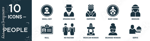 filled people icon set. contain flat small boy, spanish man, emperor, baby zone, bedouin, null, no racism, mexican woman, bearded woman, serve icons in editable format..