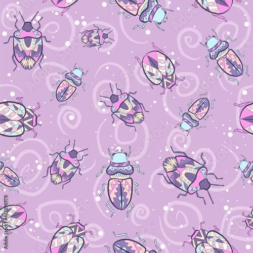 Hippie bohemian colored insects seamless pattern. Repetitive pattern with bugs. Traditional and ethnical motifs.