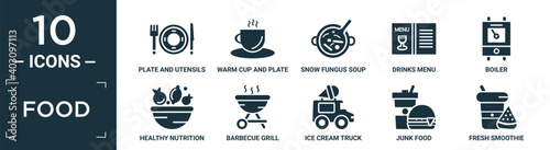 filled food icon set. contain flat plate and utensils, warm cup and plate, snow fungus soup, drinks menu, boiler, healthy nutrition, barbecue grill, ice cream truck, junk food, fresh smoothie icons.