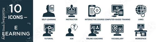 filled e learning icon set. contain flat self-learning, instructor, interactive course, computer-based training, links, tutorial, ask, online coaching, vocabulary, workspace icons in editable.