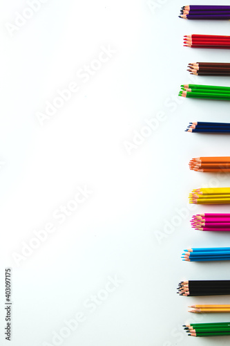 Variety of color pencils isolated on white background