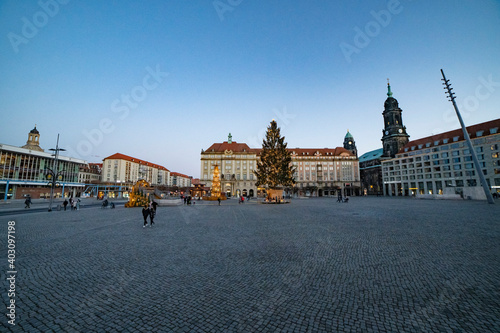 December 19th 2020, Dresden, Germany - Empty & cancelled Dresdner Striezelmarkt (Christmas Market) due to the Covid-19 / Corona virus pandemic, with Christmas tree, Schwibbogen, & Christmas Pyramid