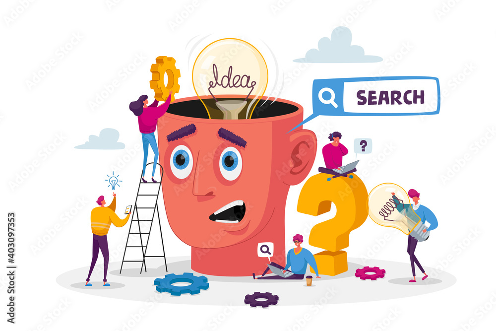 Tiny Characters around Huge Head with Light Bulb. Business Team Search Insight for Project Development. Searching Idea Tiny Characters around Huge Head with Light Bulb. Business Team Search Insight for Project Development. Searching Idea
