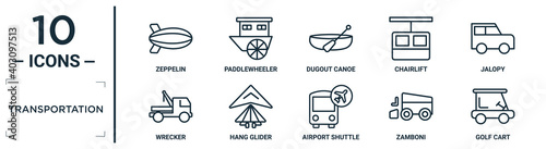 transportation linear icon set. includes thin line zeppelin, dugout canoe, jalopy, hang glider, zamboni, golf cart, wrecker icons for report, presentation, diagram, web design photo
