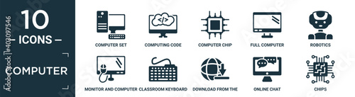 filled computer icon set. contain flat computer set, computing code, computer chip, full robotics, monitor and mouse, classroom keyboard, download from the net, online chat, chips icons in editable.