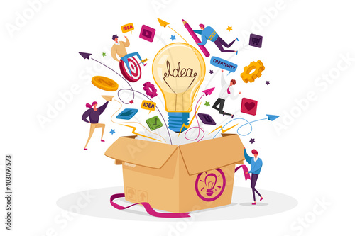 Think Outside Concept. Tiny Male or Female Business Characters Fly around of Huge Carton Box with Light Bulb, Stationery