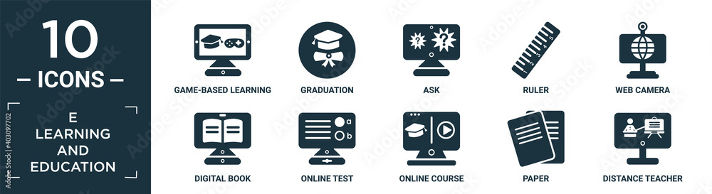 filled e learning and education icon set. contain flat game-based learning, graduation, ask, ruler, web camera, digital book, online test, online course, paper, distance teacher icons in editable.