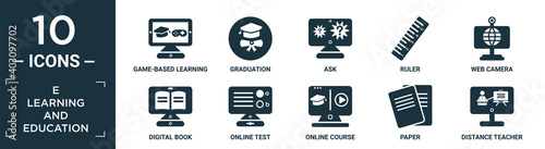 filled e learning and education icon set. contain flat game-based learning, graduation, ask, ruler, web camera, digital book, online test, online course, paper, distance teacher icons in editable.