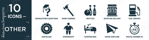 filled other icon set. contain flat graduation's questions, work hammer, skittles, shooting gallery, fuel service, saw blade, overweight, sleeping bed, paper airplane, digital number 45 icons in.