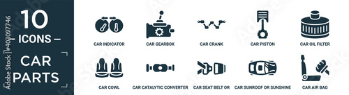 filled car parts icon set. contain flat car indicator, car gearbox, car crank, piston, oil filter, cowl, catalytic converter, seat belt or safety belt, sunroof or sunshine roof, air bag icons in.