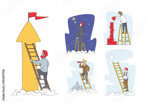 Set of Businessman Characters Climbing Ladder to Take Star from Sky, Assemble Puzzle, Look in Spyglass. Task Solution