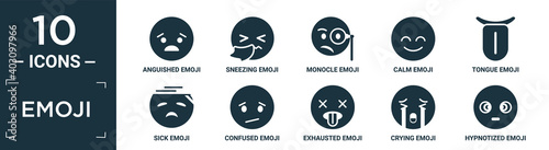 filled emoji icon set. contain flat anguished emoji, sneezing emoji, monocle calm tongue sick confused exhausted crying hypnotized icons in editable format..