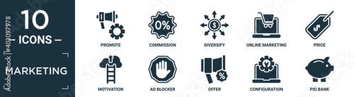 filled marketing icon set. contain flat promote, commission, diversify, online marketing, price, motivation, ad blocker, offer, configuration, pig bank icons in editable format..