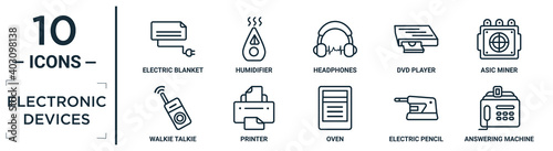 electronic.devices linear icon set. includes thin line electric blanket, headphones, asic miner, printer, electric pencil sharpener, answering machine, walkie talkie icons for report, presentation,