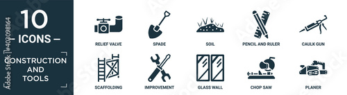 filled construction and tools icon set. contain flat relief valve, spade, soil, pencil and ruler, caulk gun, scaffolding, improvement, glass wall, chop saw, planer icons in editable format..