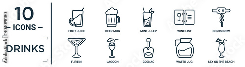 drinks linear icon set. includes thin line fruit juice, mint julep, sorkscrew, lagoon, water jug, sex on the beach, flirtini icons for report, presentation, diagram, web design