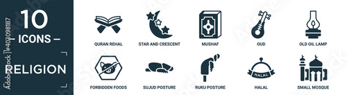 filled religion icon set. contain flat quran rehal, star and crescent moon, mushaf, oud, old oil lamp, forbidden foods, sujud posture, ruku posture, halal, small mosque icons in editable format..