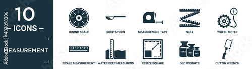 filled measurement icon set. contain flat round scale, soup spoon, measureming tape, null, wheel meter, scale measurement, water deep measuring, resize square, old weights, cuttin wrench icons in.