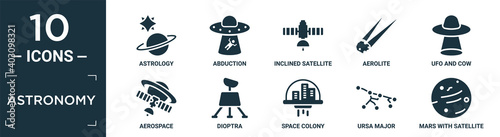 filled astronomy icon set. contain flat astrology, abduction, inclined satellite, aerolite, ufo and cow, aerospace, dioptra, space colony, ursa major, mars with satellite icons in editable format..