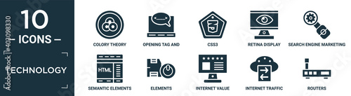filled technology icon set. contain flat colory theory, opening tag and closing tags, css3, retina display, search engine marketing, semantic elements, elements, internet value, internet traffic,.