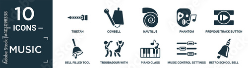 filled music icon set. contain flat tibetan, cowbell, nautilus, phantom, previous track button, bell filled tool, troubadour with kids, piano class, music control settings button, retro school bell.