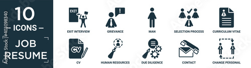 filled job resume icon set. contain flat exit interview, grievance, man, selection process, curriculum vitae, cv, human resources, due diligence, contact, change personal icons in editable format..