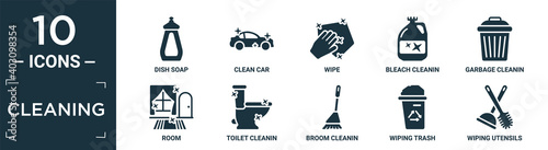 filled cleaning icon set. contain flat dish soap, clean car, wipe, bleach cleanin, garbage cleanin, room, toilet cleanin, broom wiping trash, wiping utensils of bathroom icons in editable format..
