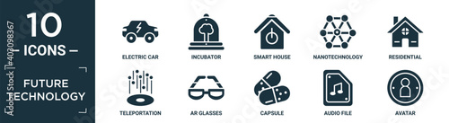 filled future technology icon set. contain flat electric car, incubator, smart house, nanotechnology, residential, teleportation, ar glasses, capsule, audio file, avatar icons in editable format..