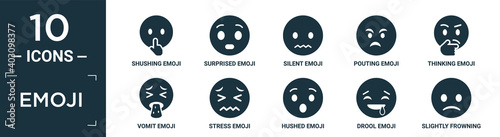 filled emoji icon set. contain flat shushing emoji, surprised emoji, silent pouting thinking vomit stress hushed drool slightly frowning icons in editable format..
