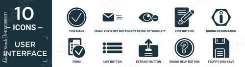 filled user interface icon set. contain flat tick mark, email envelope button, eye close up visibility button, edit button, round information form, list extract round help floppy disk save icons in.