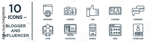 blogger.and.influencer linear icon set. includes thin line browser, like, comment, statistics, feed, literature, star icons for report, presentation, diagram, web design
