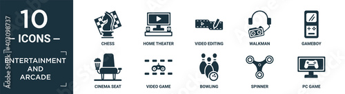 filled entertainment and arcade icon set. contain flat chess, home theater, video editing, walkman, gameboy, cinema seat, video game, bowling, spinner, pc game icons in editable format..