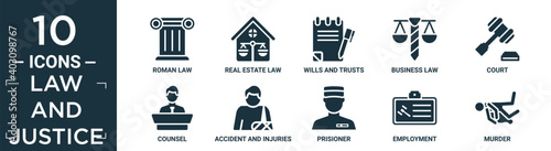 filled law and justice icon set. contain flat roman law, real estate law, wills and trusts, business law, court, counsel, accident and injuries, prisioner, employment, murder icons in editable.