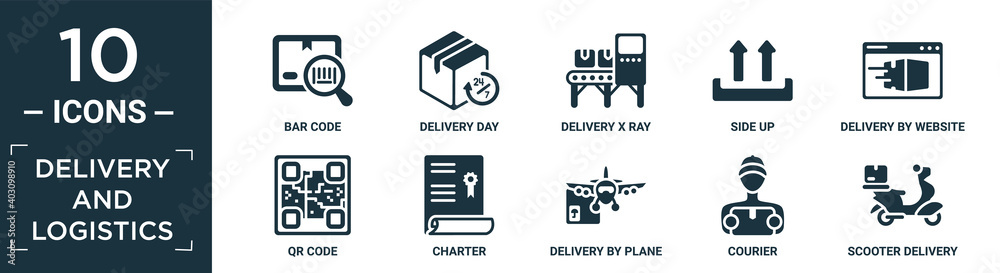filled delivery and logistics icon set. contain flat bar code, delivery day, delivery x ray, side up, delivery by website, qr code, charter, by plane, courier, scooter icons in editable format..